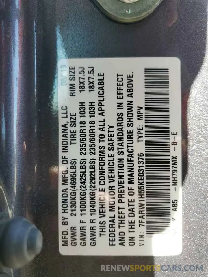 14 Photograph of a damaged car 7FARW1H55KE031376 HONDA CRV 2019