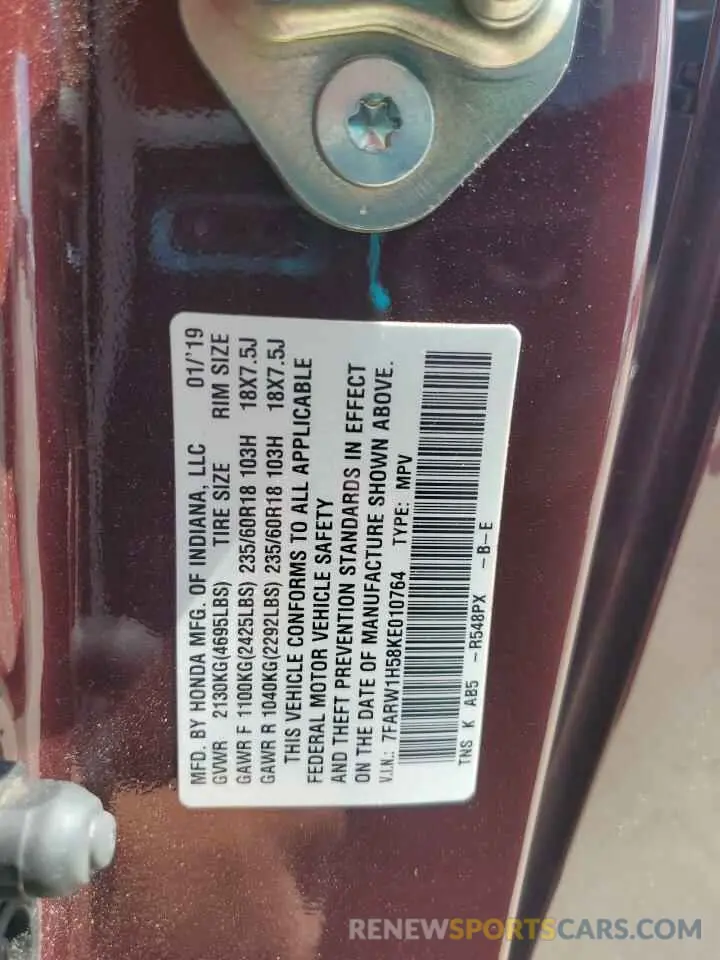 13 Photograph of a damaged car 7FARW1H58KE010764 HONDA CRV 2019