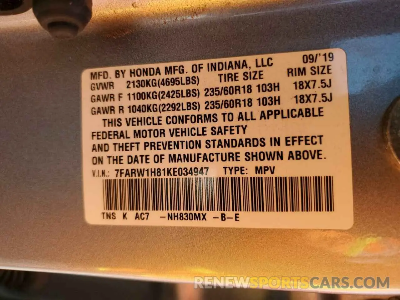 13 Photograph of a damaged car 7FARW1H81KE034947 HONDA CRV 2019