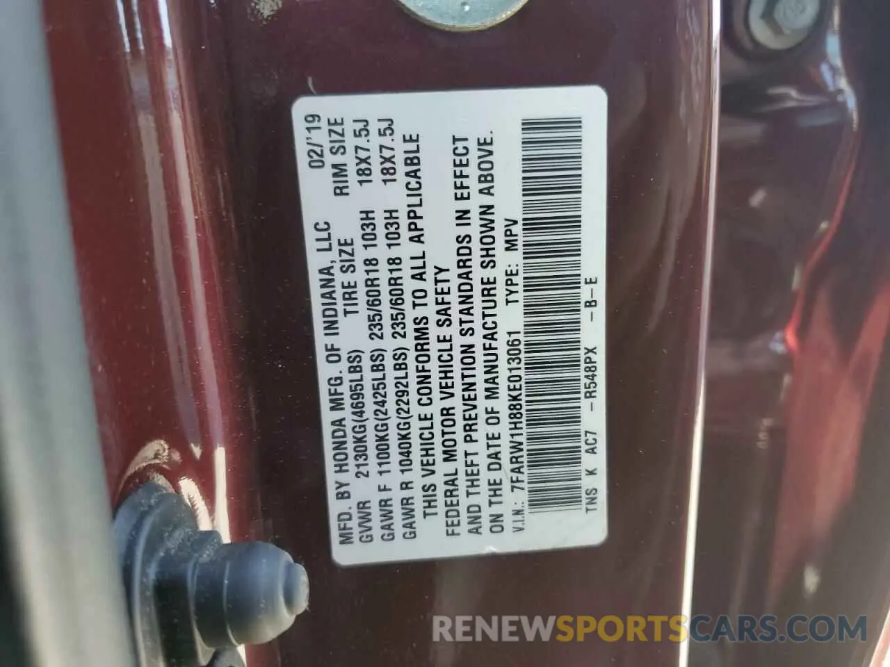 13 Photograph of a damaged car 7FARW1H88KE013061 HONDA CRV 2019