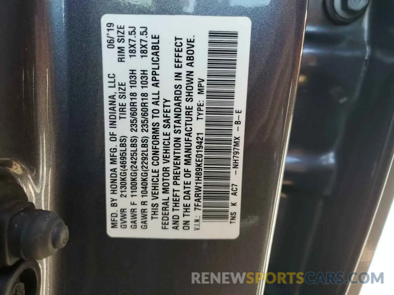 16 Photograph of a damaged car 7FARW1H89KE019421 HONDA CRV 2019