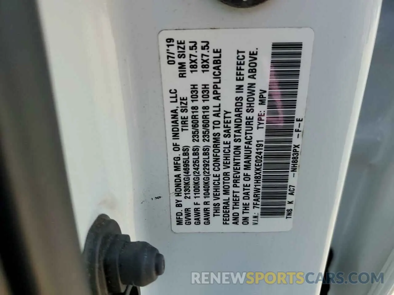 14 Photograph of a damaged car 7FARW1H8XKE024191 HONDA CRV 2019