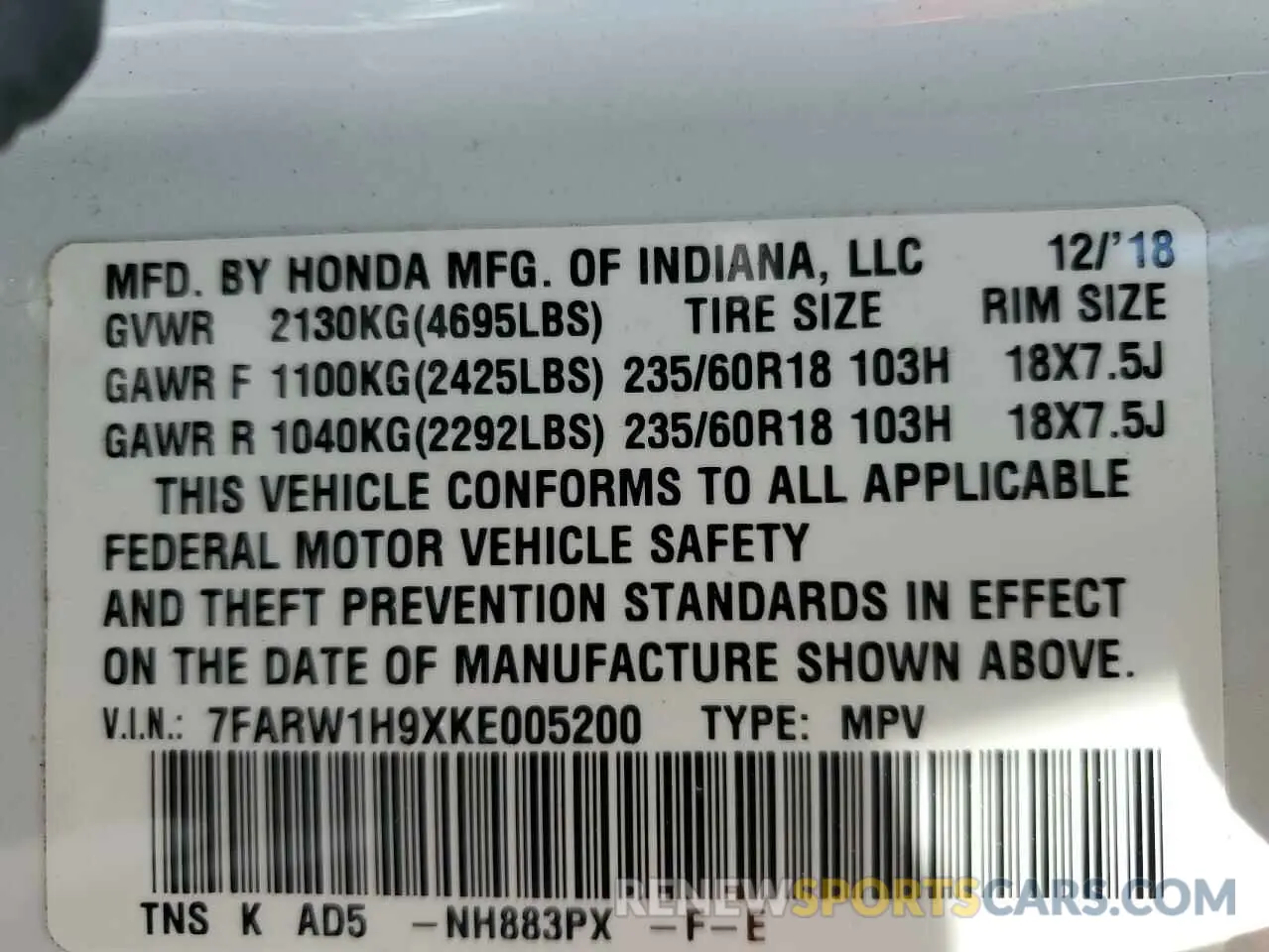 14 Photograph of a damaged car 7FARW1H9XKE005200 HONDA CRV 2019