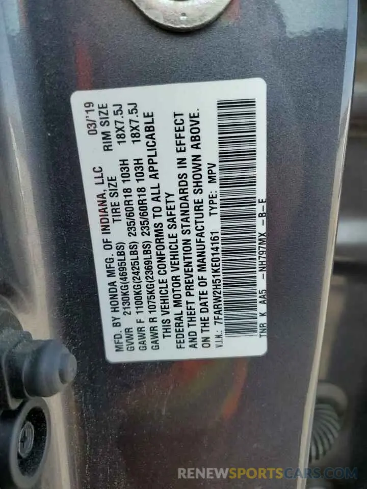 13 Photograph of a damaged car 7FARW2H51KE014161 HONDA CRV 2019