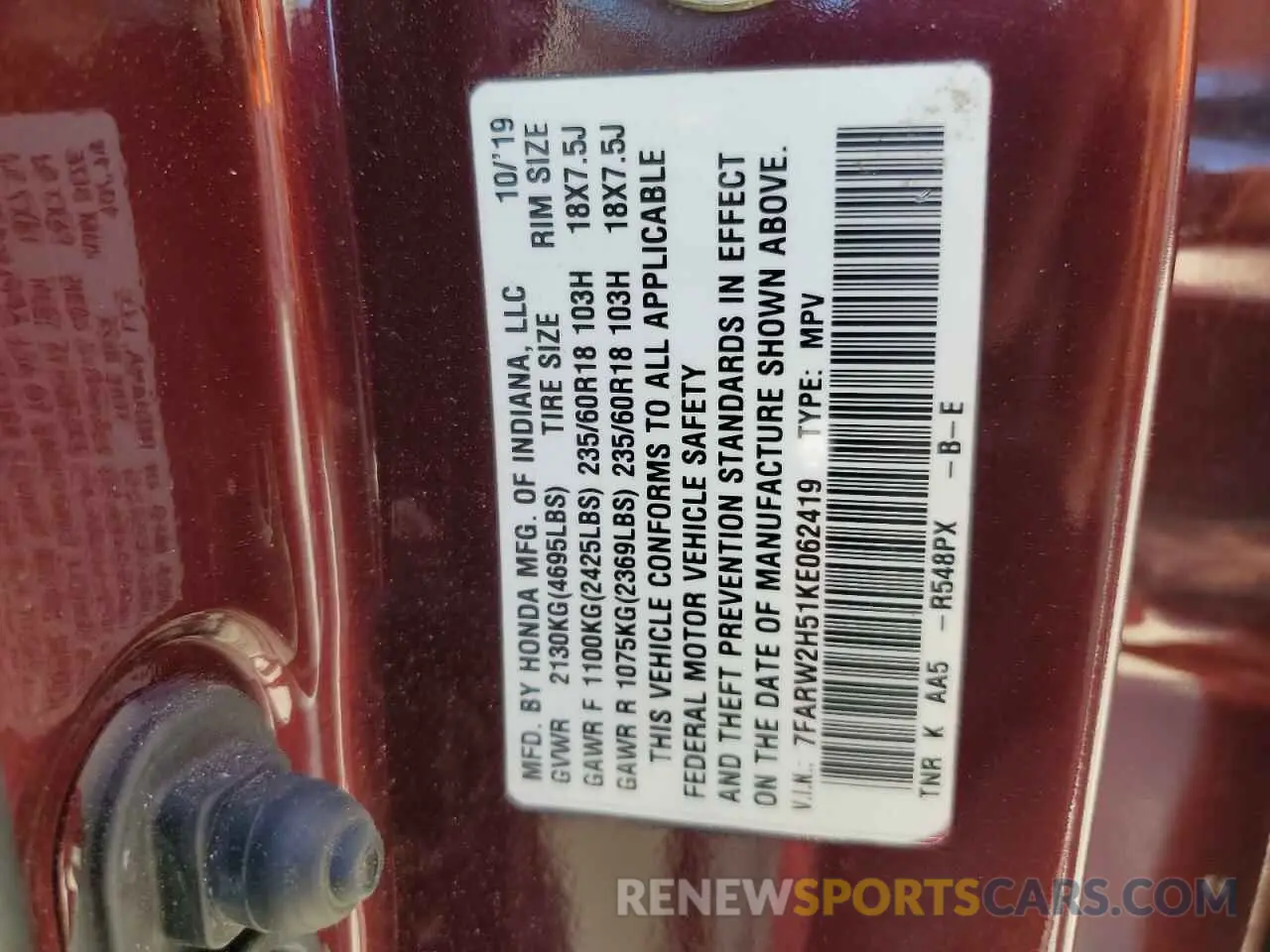16 Photograph of a damaged car 7FARW2H51KE062419 HONDA CRV 2019