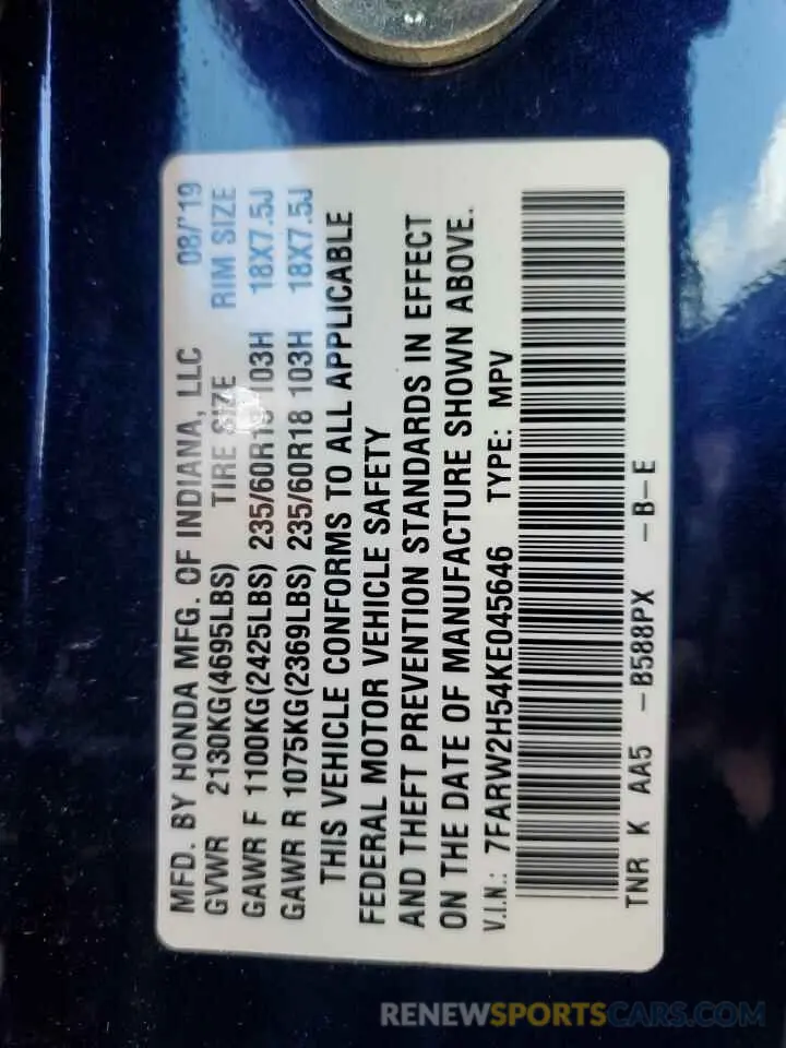 14 Photograph of a damaged car 7FARW2H54KE045646 HONDA CRV 2019