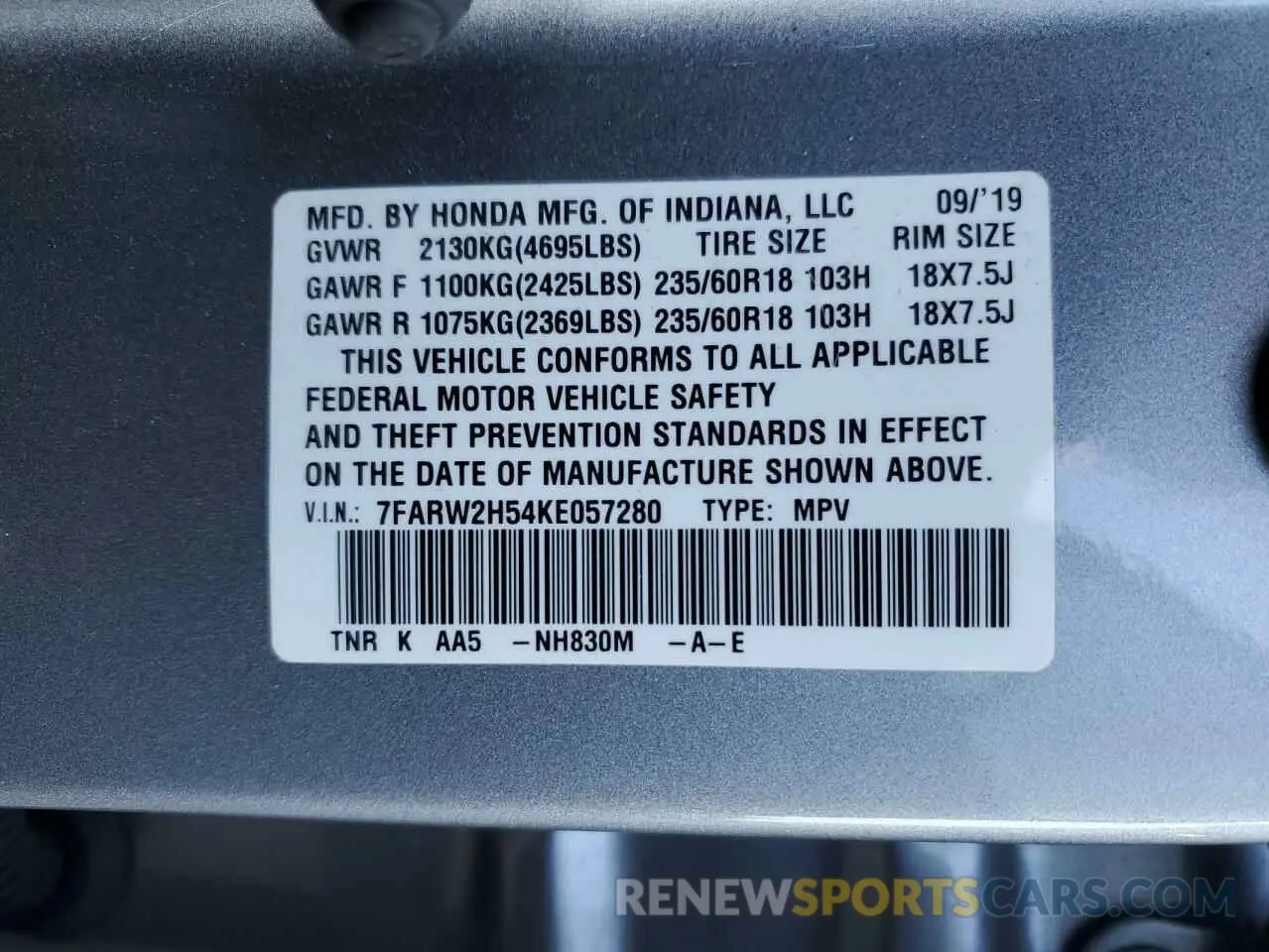 15 Photograph of a damaged car 7FARW2H54KE057280 HONDA CRV 2019
