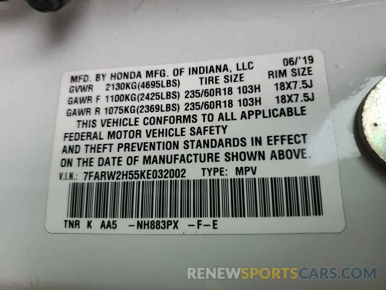 14 Photograph of a damaged car 7FARW2H55KE032002 HONDA CRV 2019
