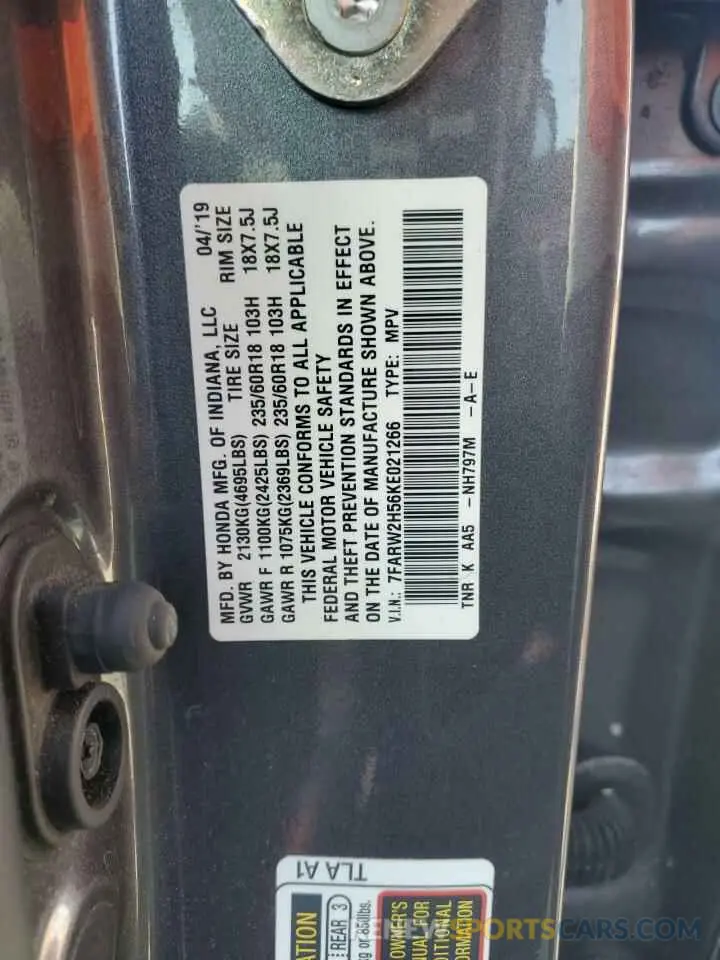 13 Photograph of a damaged car 7FARW2H56KE021266 HONDA CRV 2019