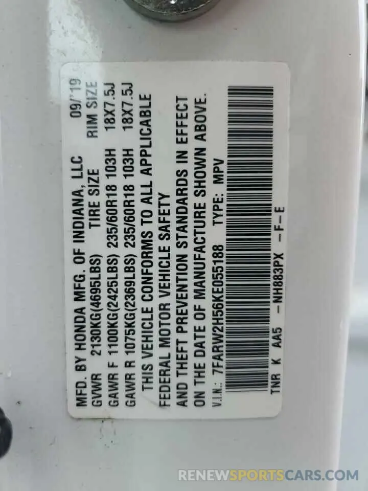 13 Photograph of a damaged car 7FARW2H56KE055188 HONDA CRV 2019