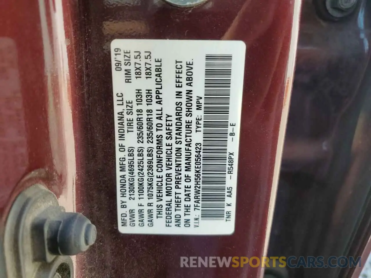 12 Photograph of a damaged car 7FARW2H56KE056423 HONDA CRV 2019