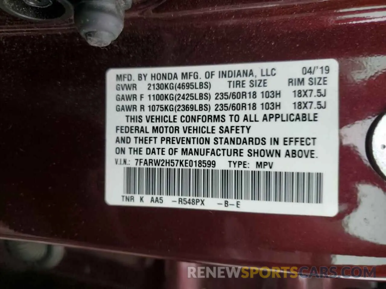 14 Photograph of a damaged car 7FARW2H57KE018599 HONDA CRV 2019