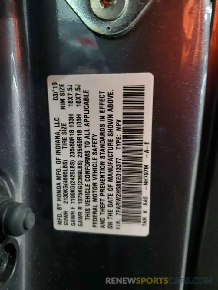15 Photograph of a damaged car 7FARW2H58KE013377 HONDA CRV 2019