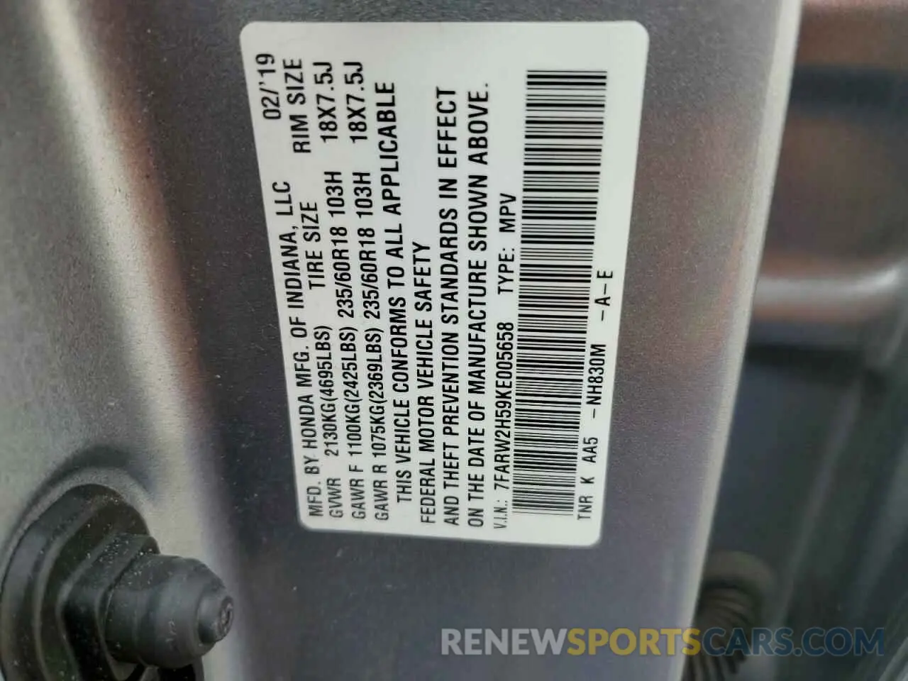 13 Photograph of a damaged car 7FARW2H59KE005658 HONDA CRV 2019