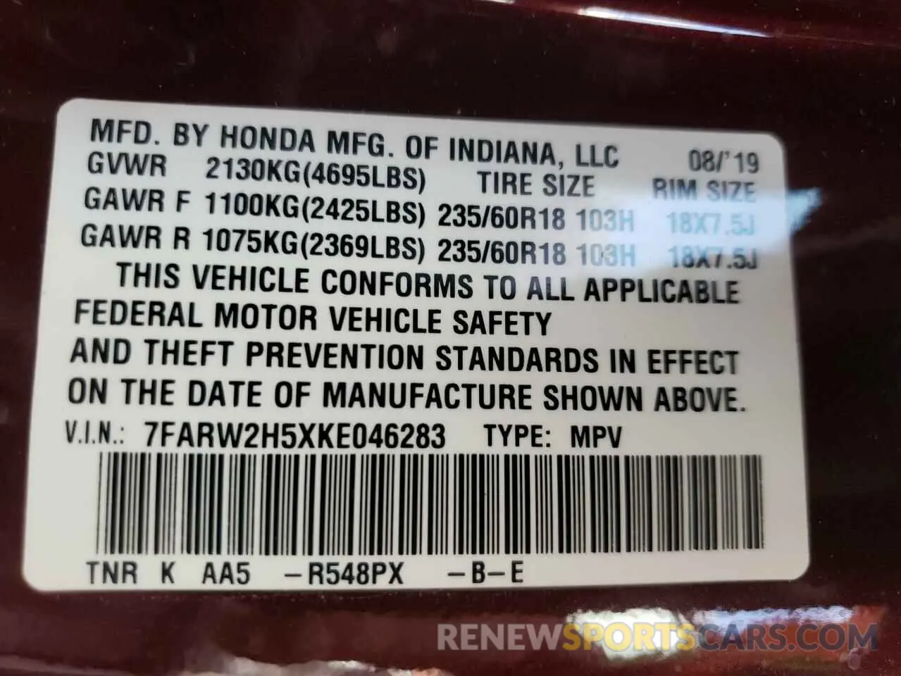 14 Photograph of a damaged car 7FARW2H5XKE046283 HONDA CRV 2019