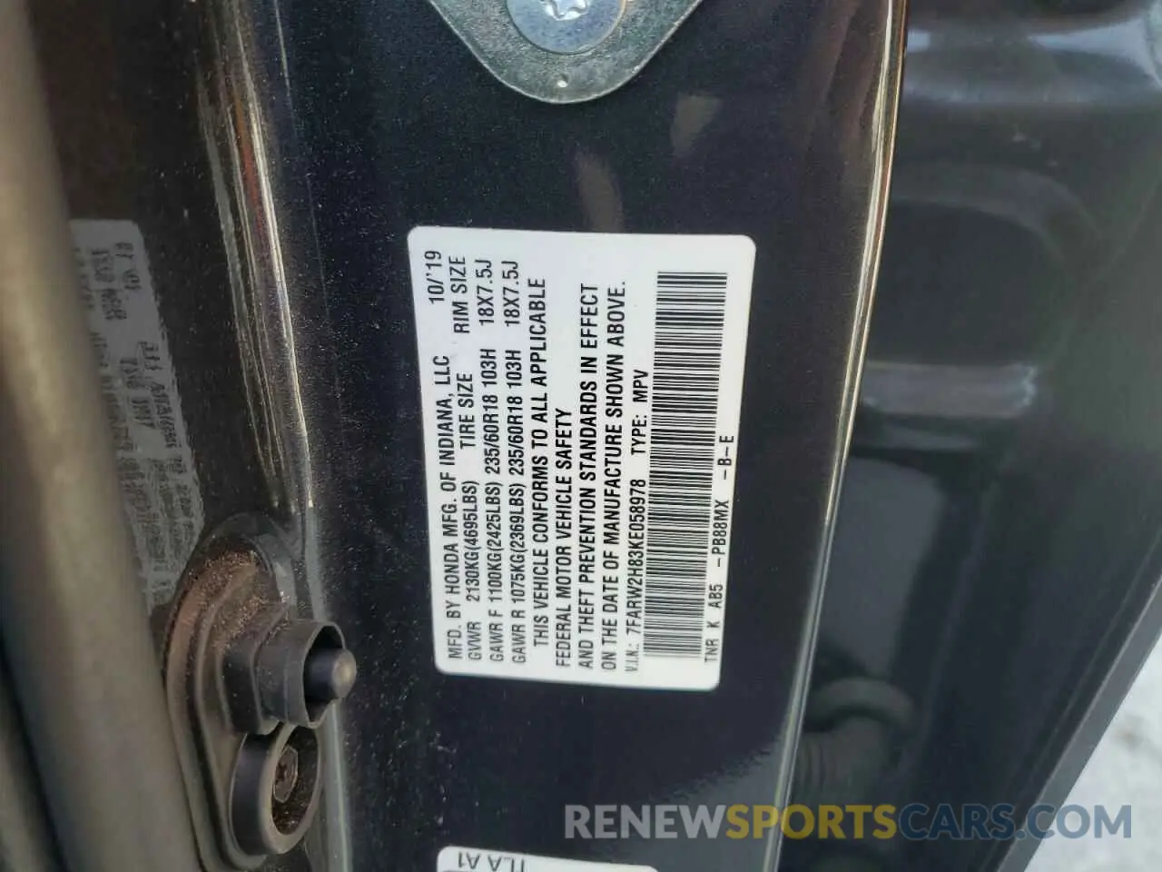 15 Photograph of a damaged car 7FARW2H83KE058978 HONDA CRV 2019