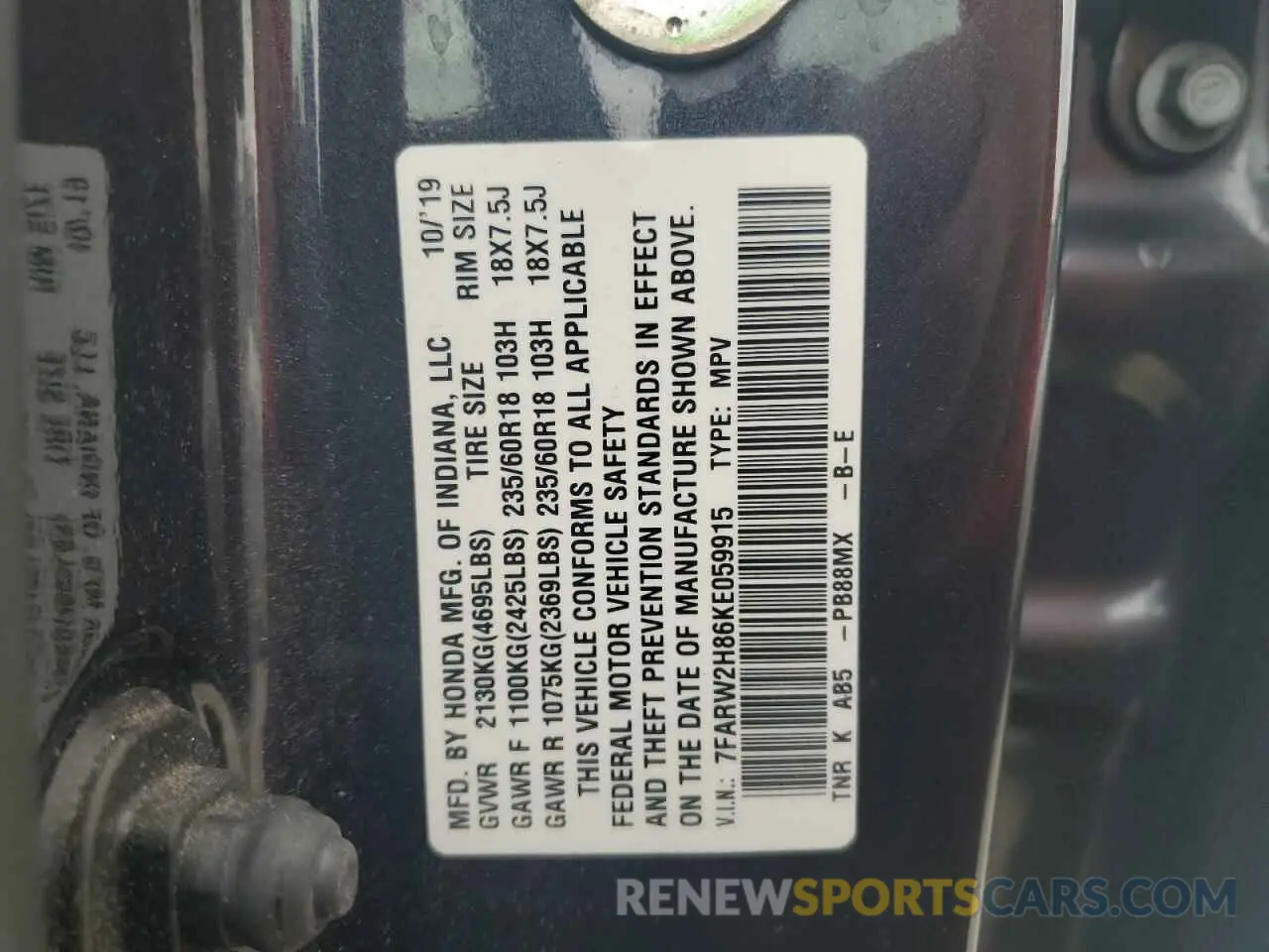 13 Photograph of a damaged car 7FARW2H86KE059915 HONDA CRV 2019