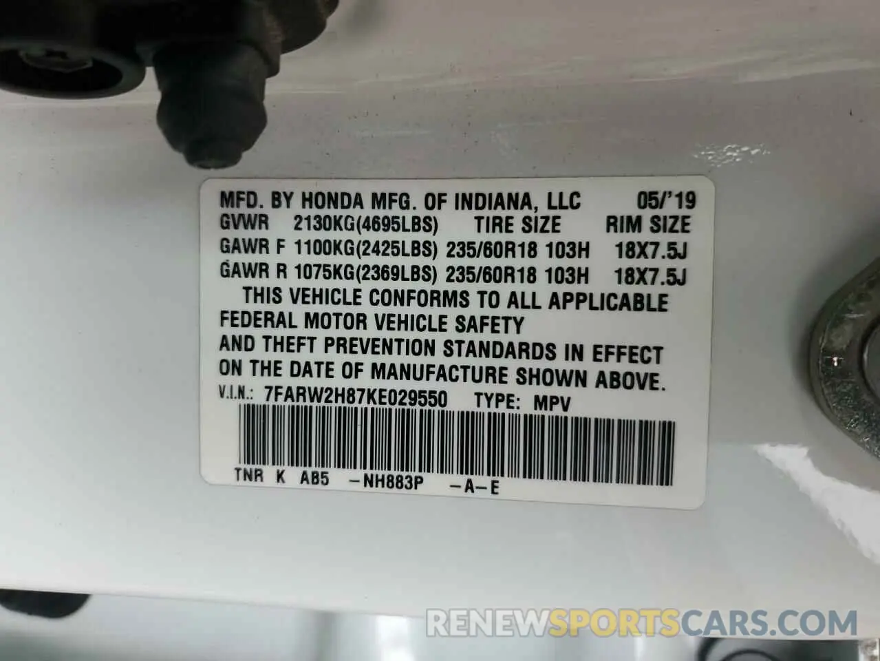 16 Photograph of a damaged car 7FARW2H87KE029550 HONDA CRV 2019