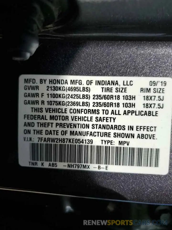14 Photograph of a damaged car 7FARW2H87KE054139 HONDA CRV 2019