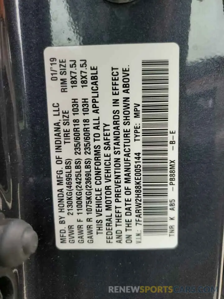 13 Photograph of a damaged car 7FARW2H88KE005144 HONDA CRV 2019