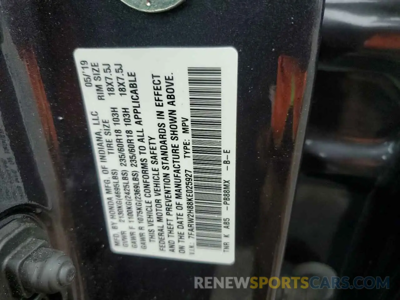 14 Photograph of a damaged car 7FARW2H88KE025927 HONDA CRV 2019