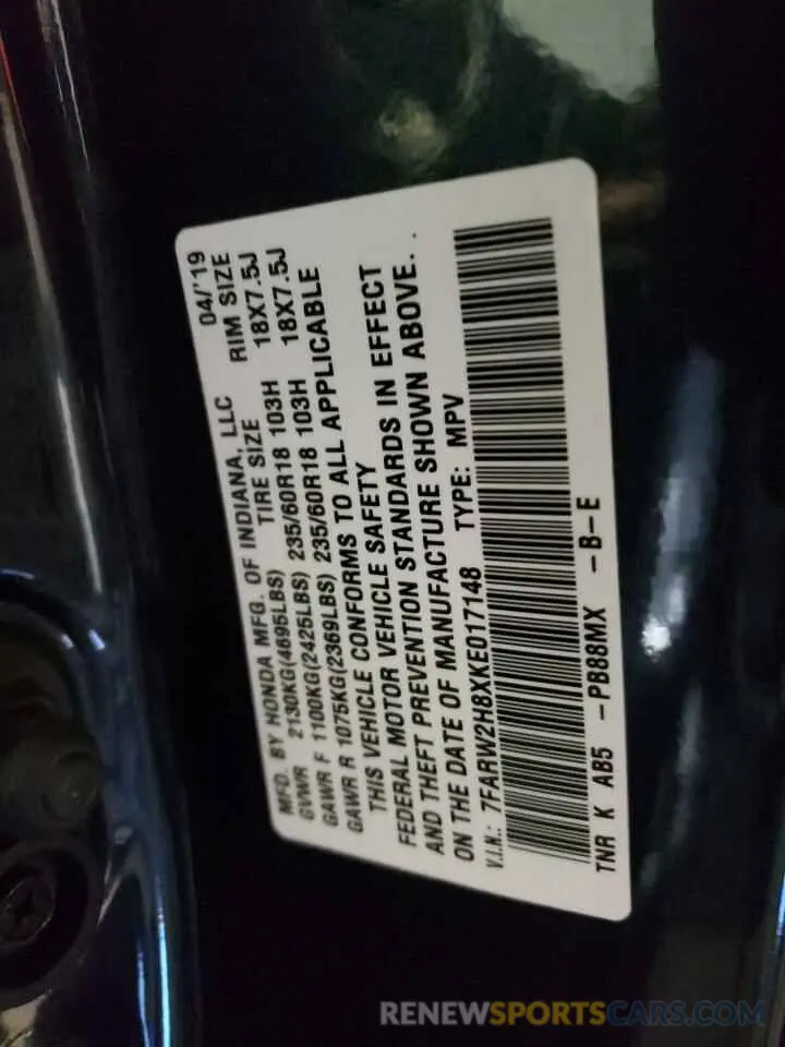 12 Photograph of a damaged car 7FARW2H8XKE017148 HONDA CRV 2019