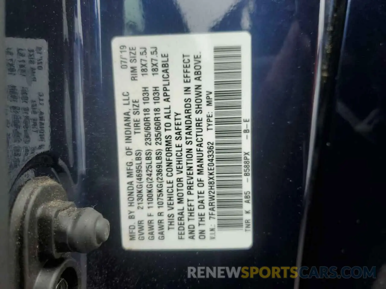 13 Photograph of a damaged car 7FARW2H8XKE043362 HONDA CRV 2019
