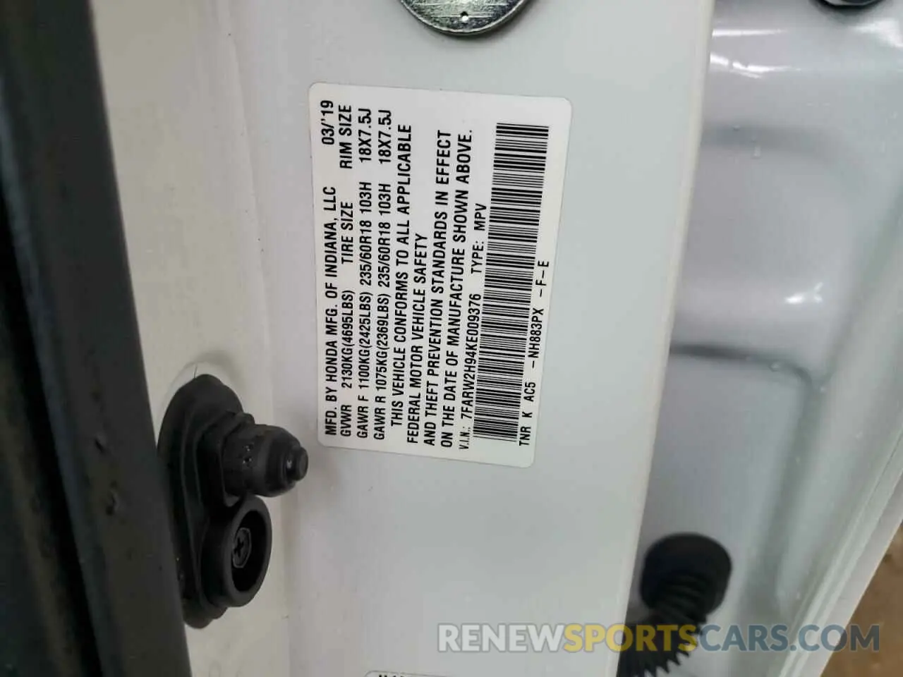 13 Photograph of a damaged car 7FARW2H94KE009376 HONDA CRV 2019