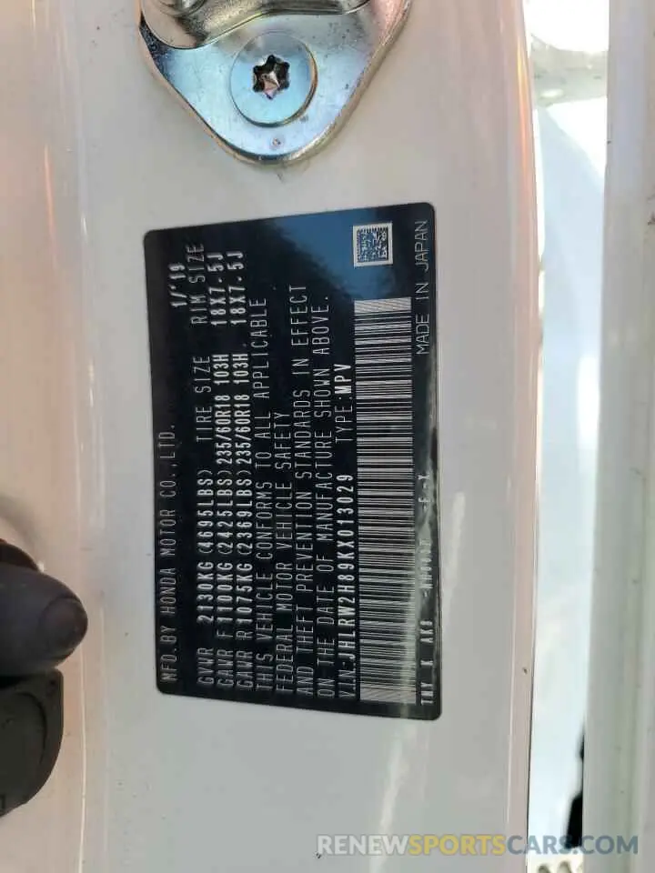 13 Photograph of a damaged car JHLRW2H89KX013029 HONDA CRV 2019