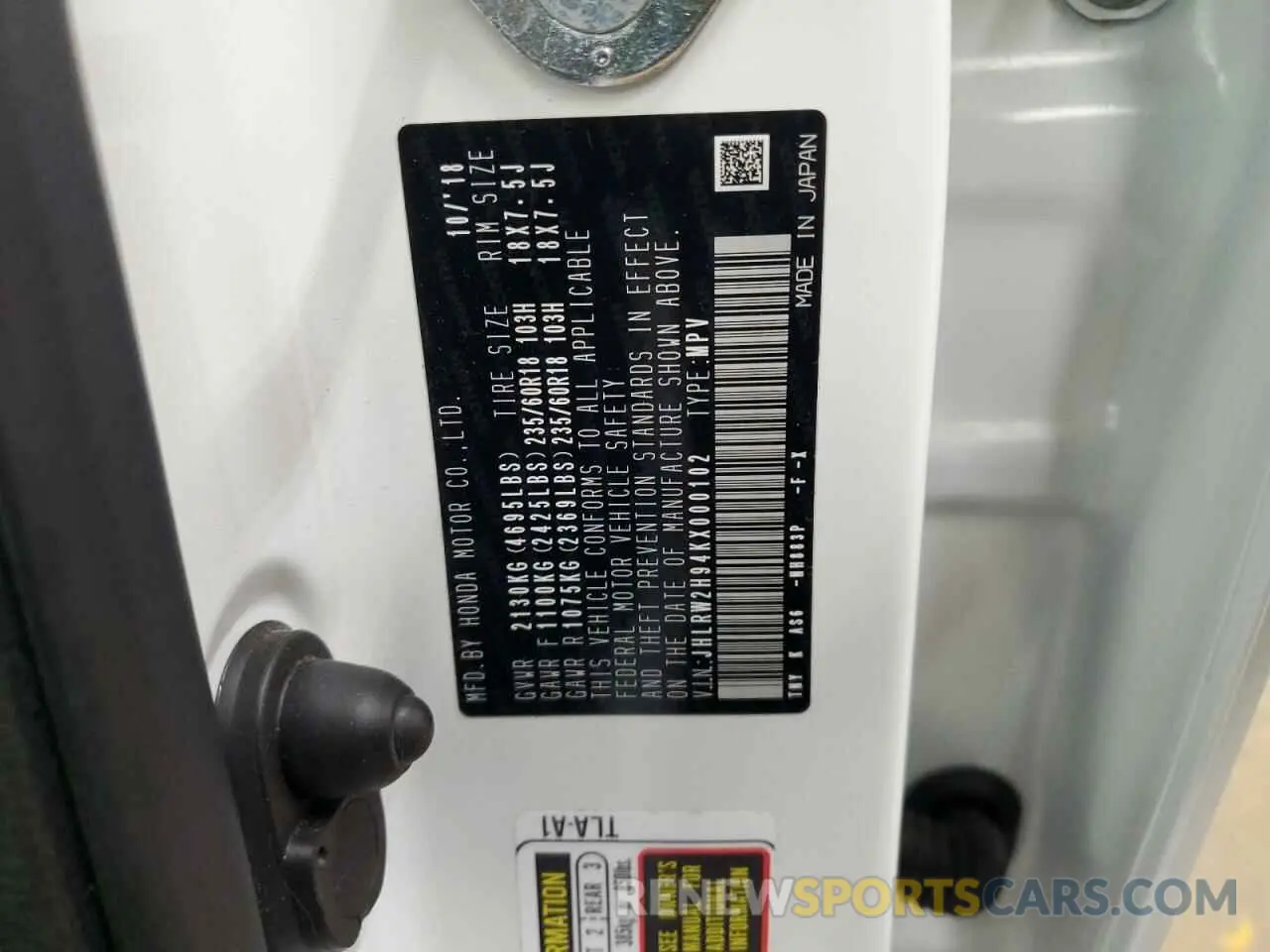 13 Photograph of a damaged car JHLRW2H94KX000102 HONDA CRV 2019