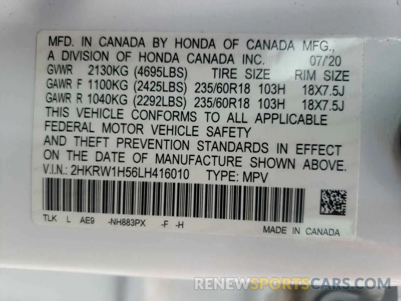 14 Photograph of a damaged car 2HKRW1H56LH416010 HONDA CRV 2020