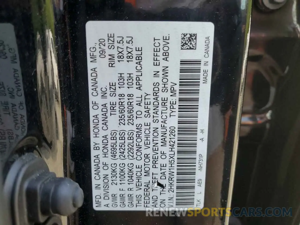 13 Photograph of a damaged car 2HKRW1H5XLH421260 HONDA CRV 2020