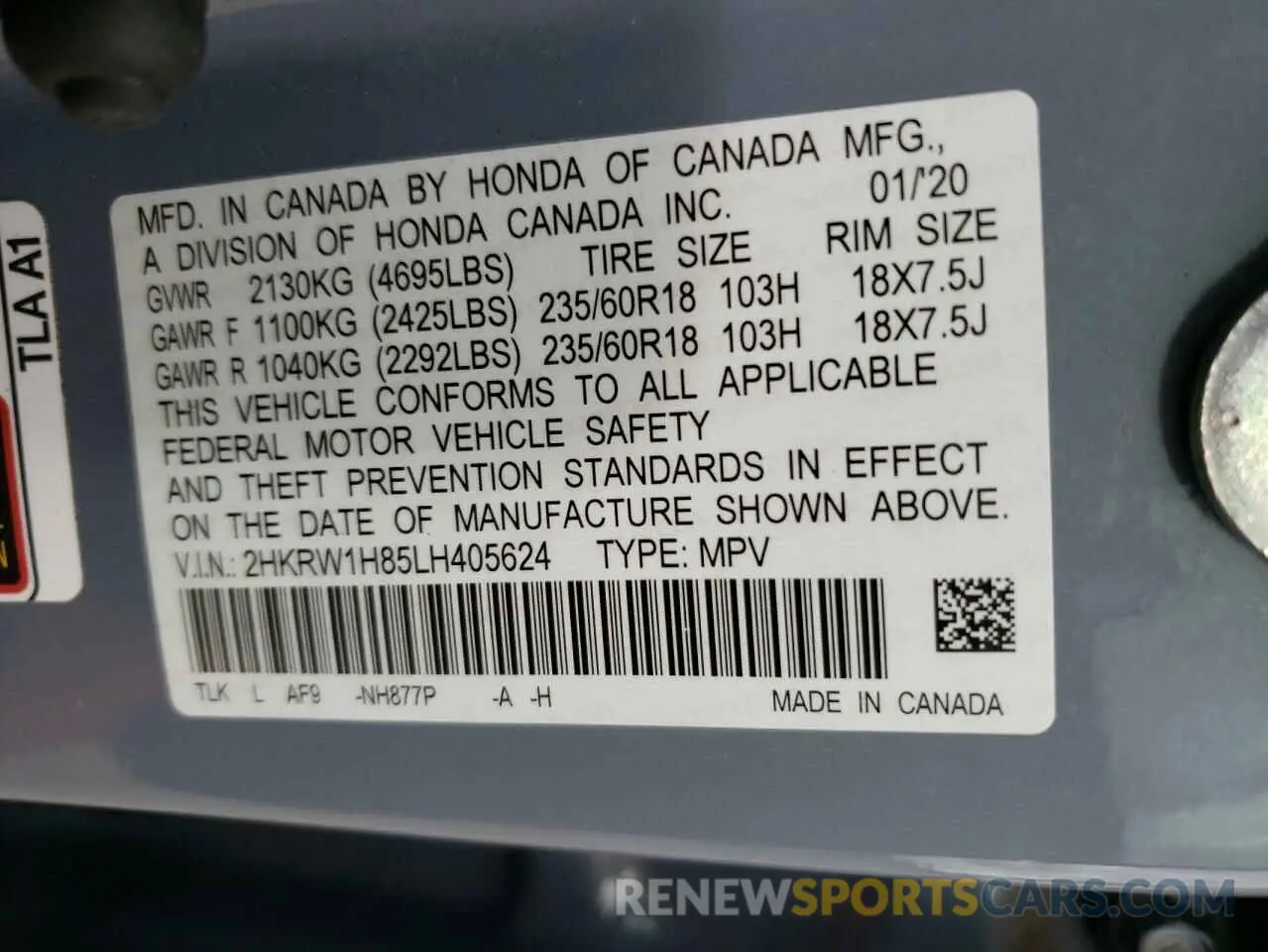 13 Photograph of a damaged car 2HKRW1H85LH405624 HONDA CRV 2020