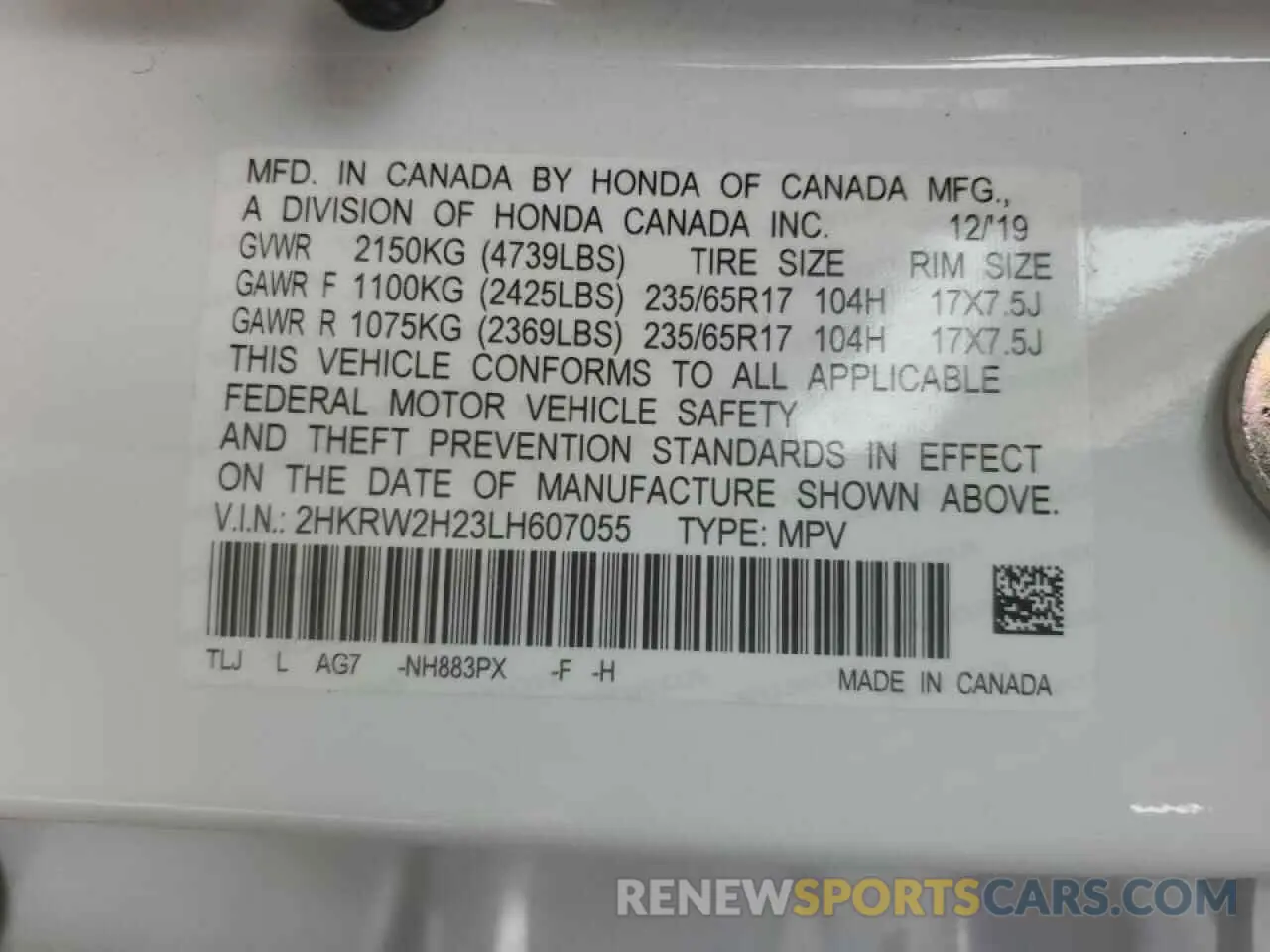 15 Photograph of a damaged car 2HKRW2H23LH607055 HONDA CRV 2020