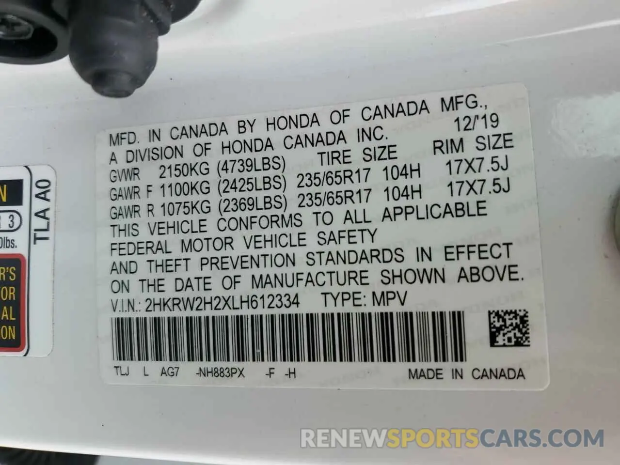 13 Photograph of a damaged car 2HKRW2H2XLH612334 HONDA CRV 2020