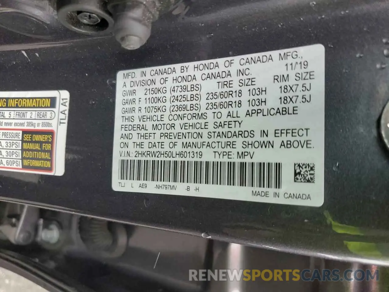 15 Photograph of a damaged car 2HKRW2H50LH601319 HONDA CRV 2020