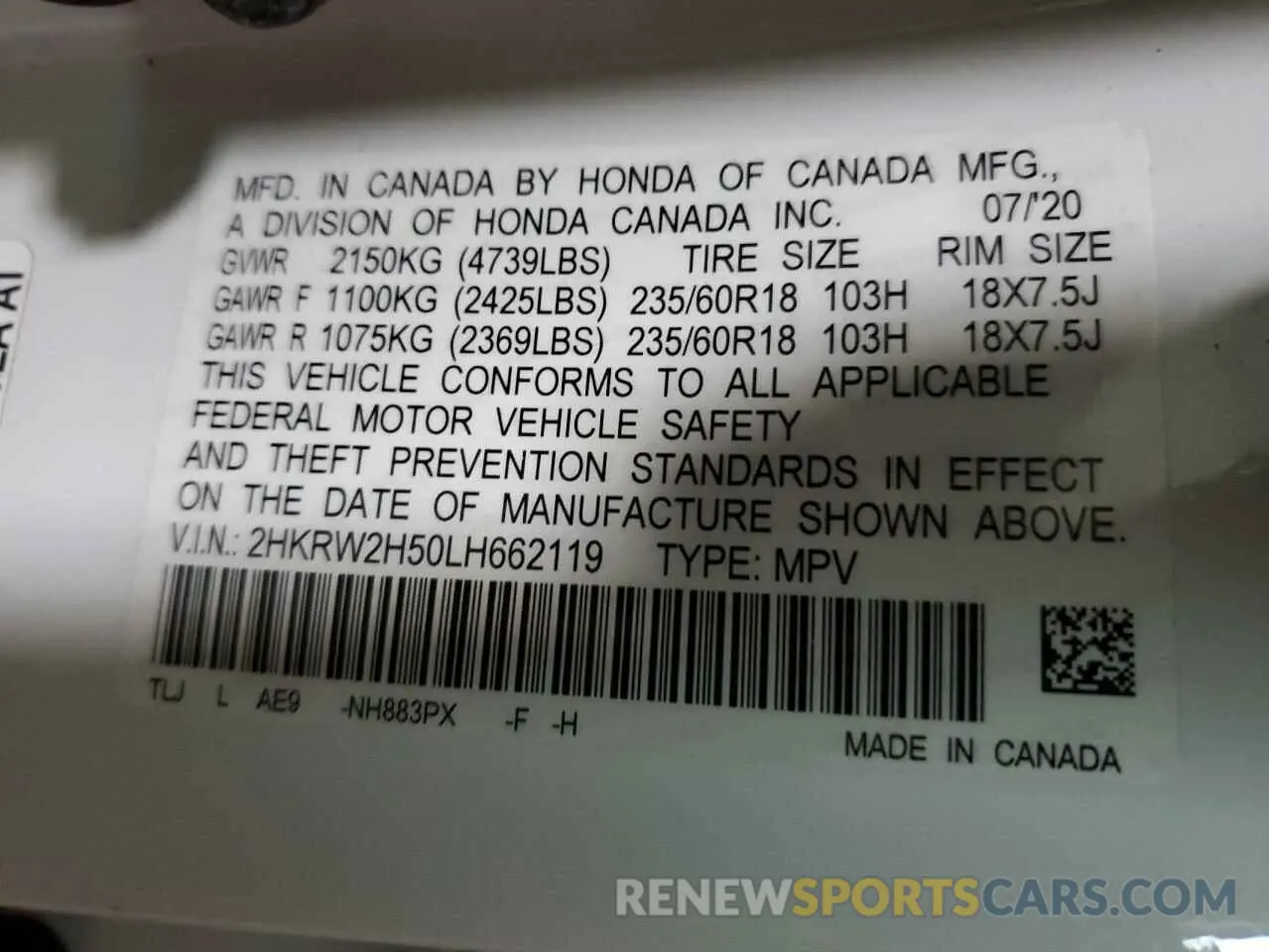 12 Photograph of a damaged car 2HKRW2H50LH662119 HONDA CRV 2020