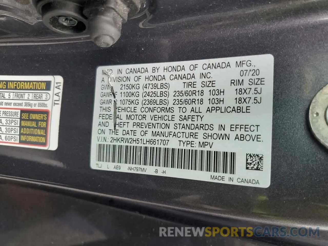 15 Photograph of a damaged car 2HKRW2H51LH661707 HONDA CRV 2020