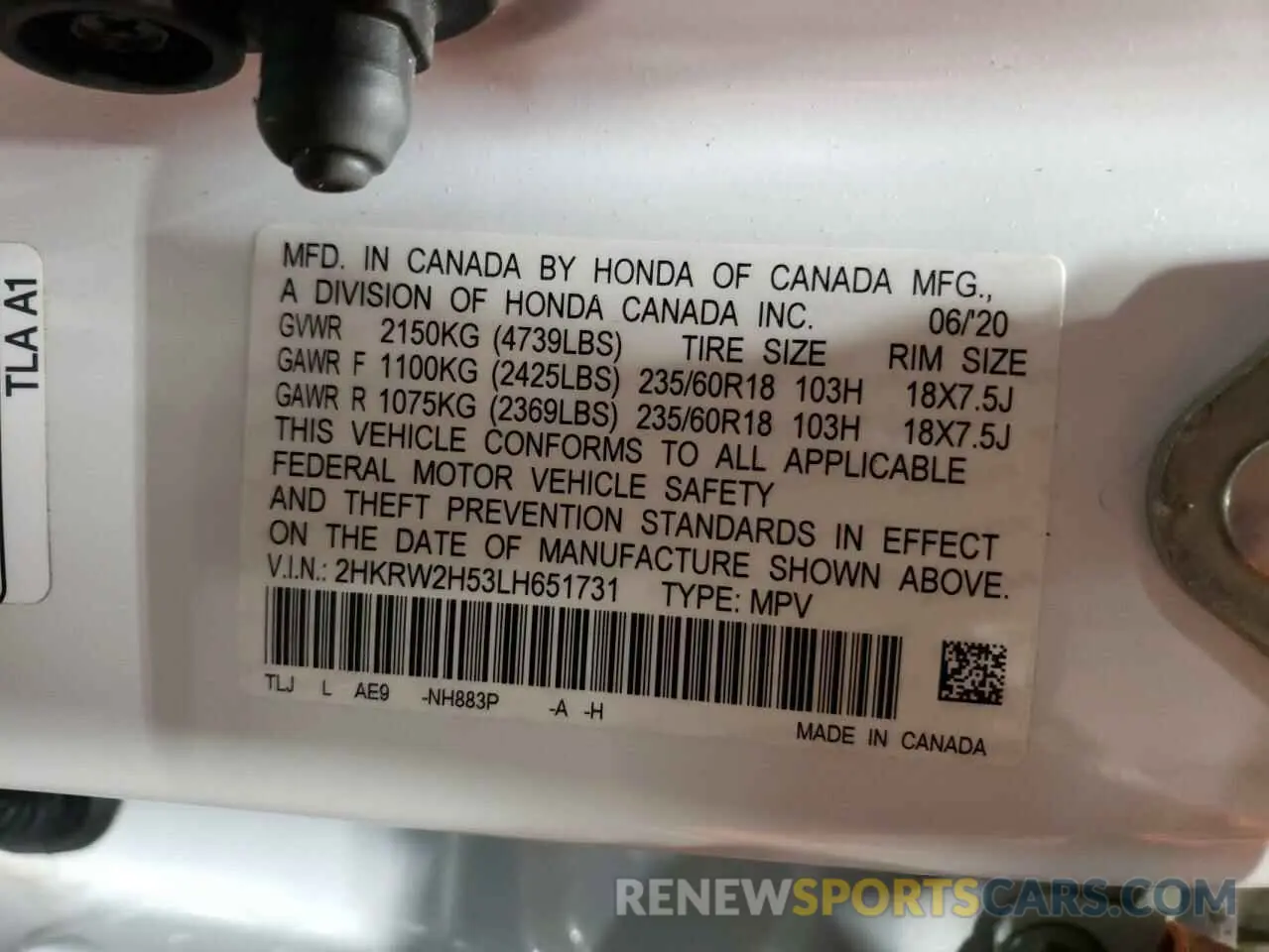 13 Photograph of a damaged car 2HKRW2H53LH651731 HONDA CRV 2020