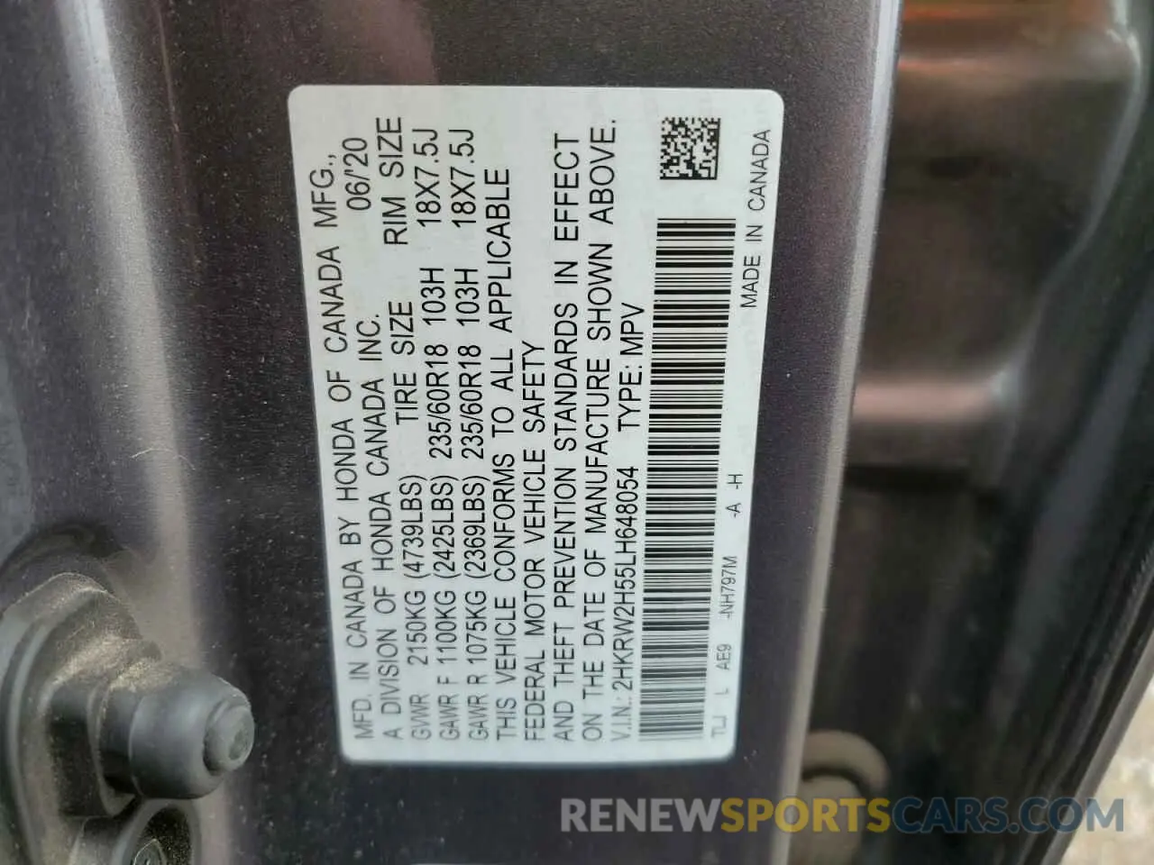 13 Photograph of a damaged car 2HKRW2H55LH648054 HONDA CRV 2020