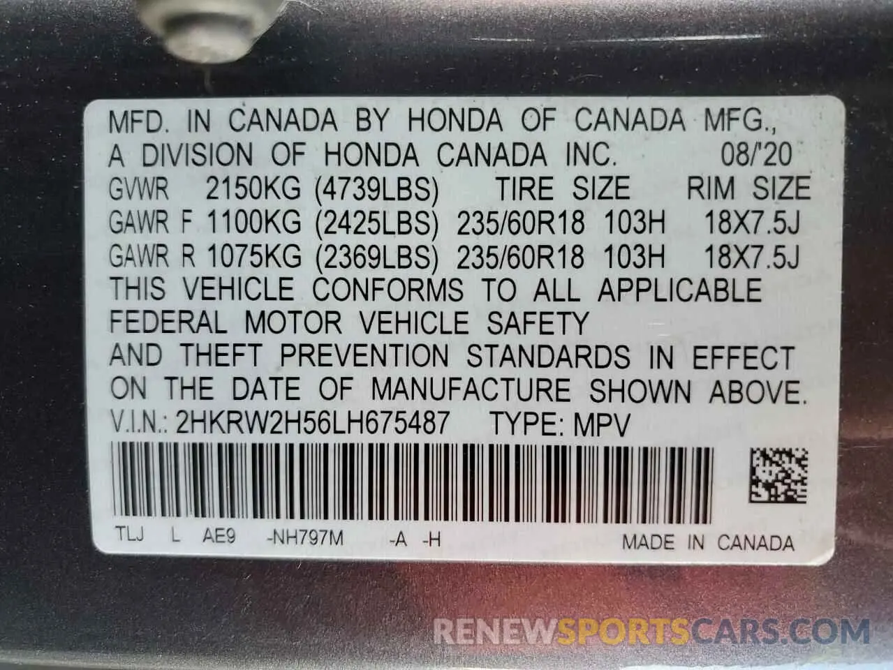 14 Photograph of a damaged car 2HKRW2H56LH675487 HONDA CRV 2020
