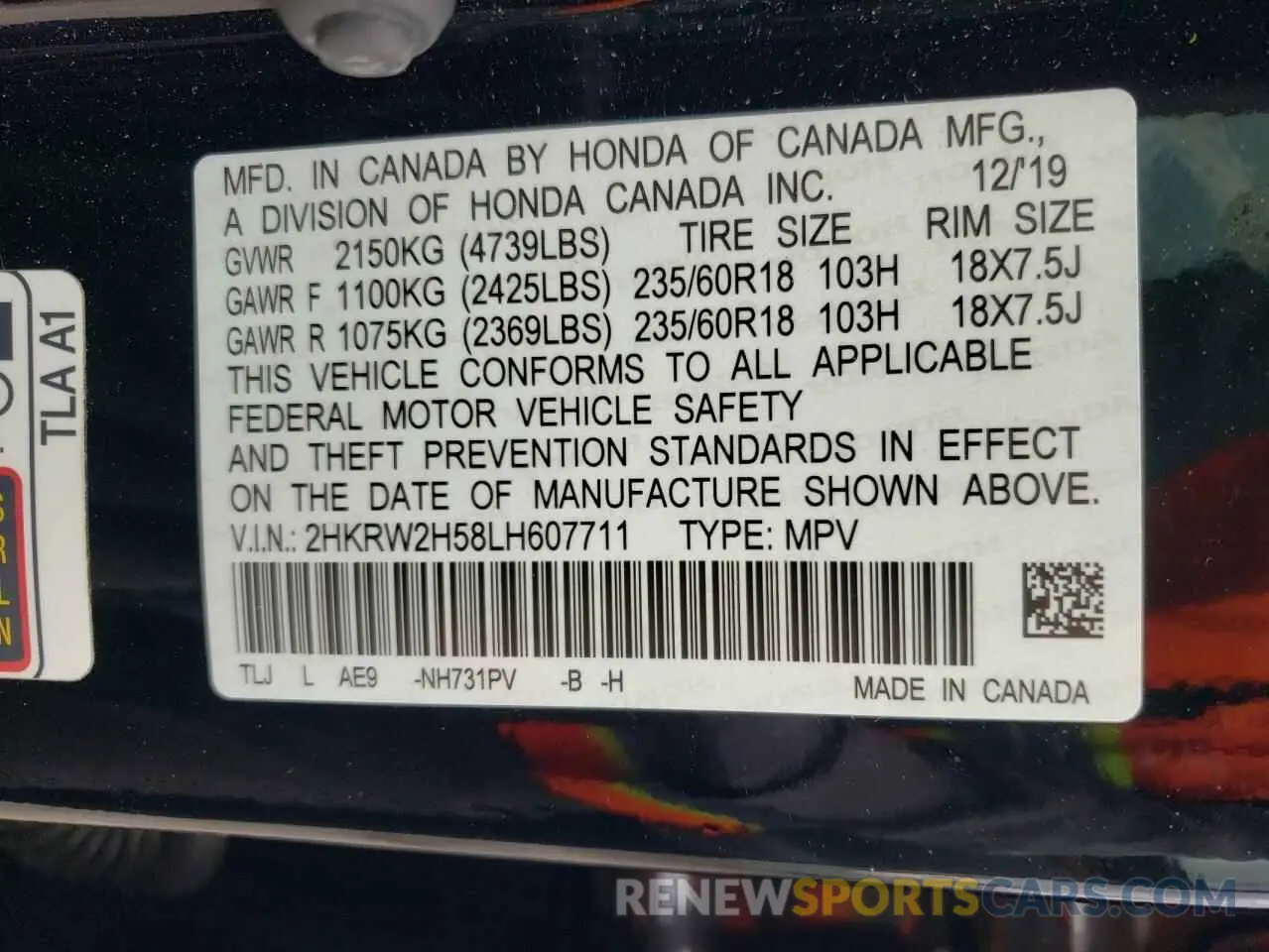 14 Photograph of a damaged car 2HKRW2H58LH607711 HONDA CRV 2020