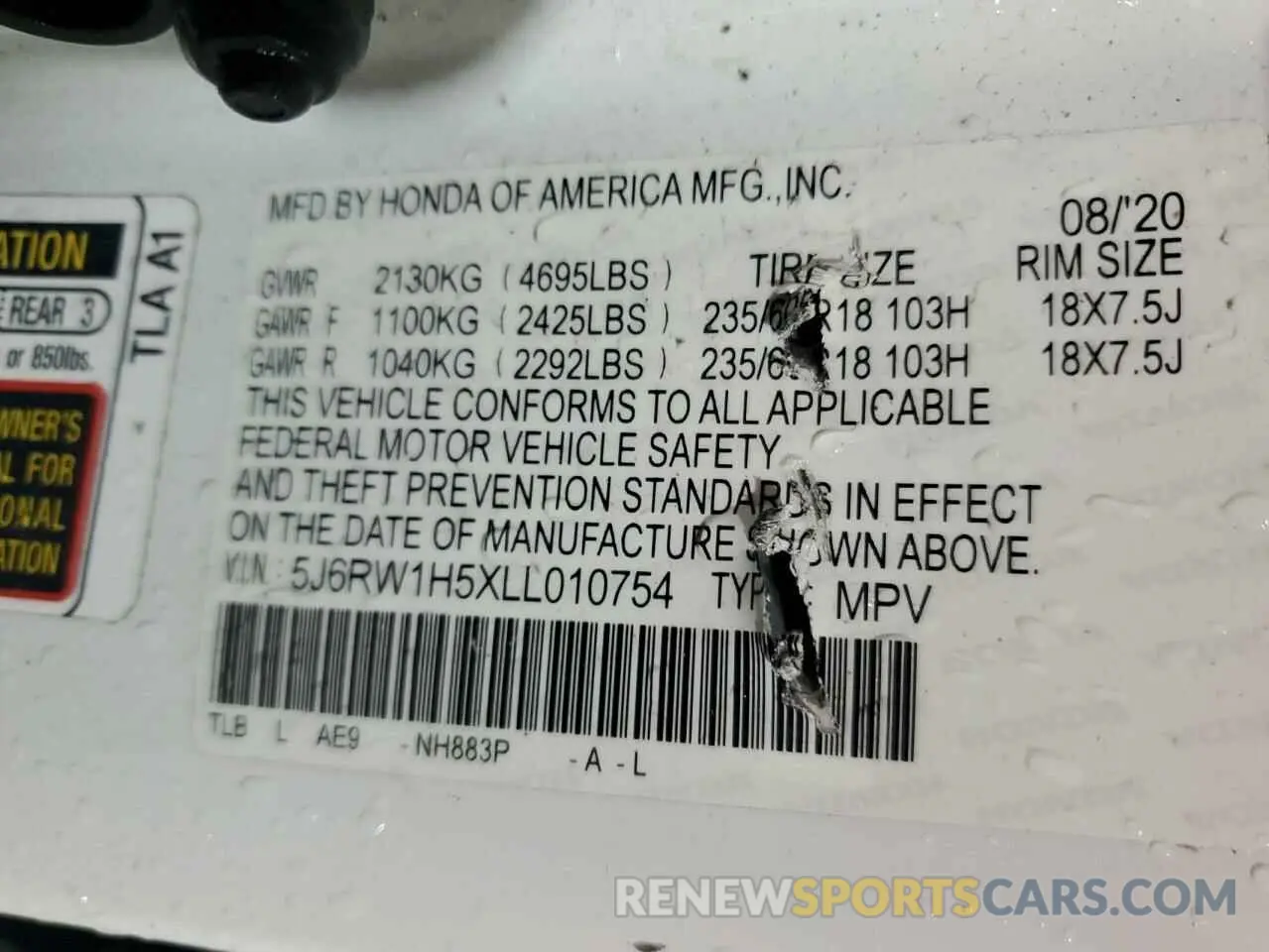 14 Photograph of a damaged car 5J6RW1H5XLL010754 HONDA CRV 2020