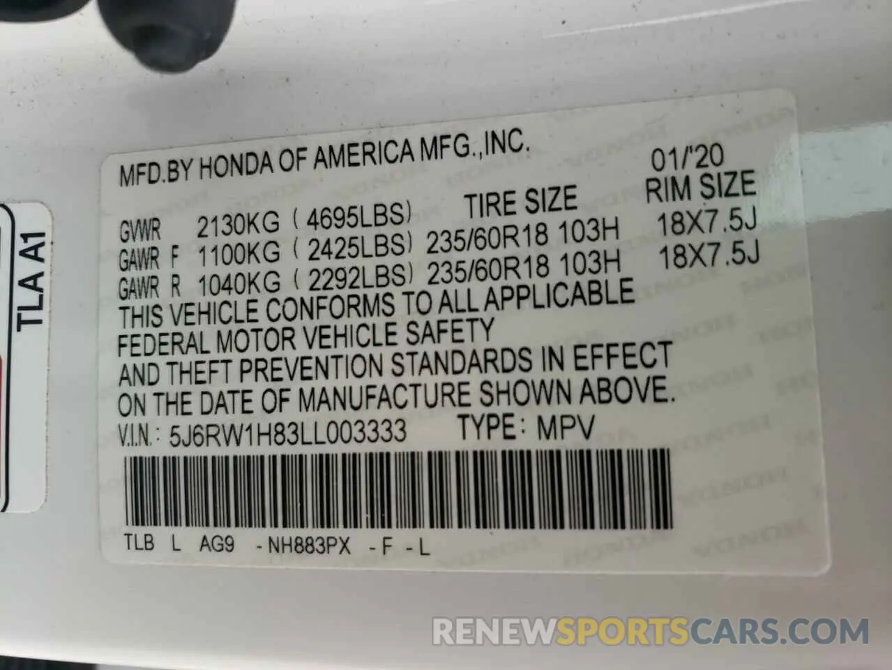 13 Photograph of a damaged car 5J6RW1H83LL003333 HONDA CRV 2020