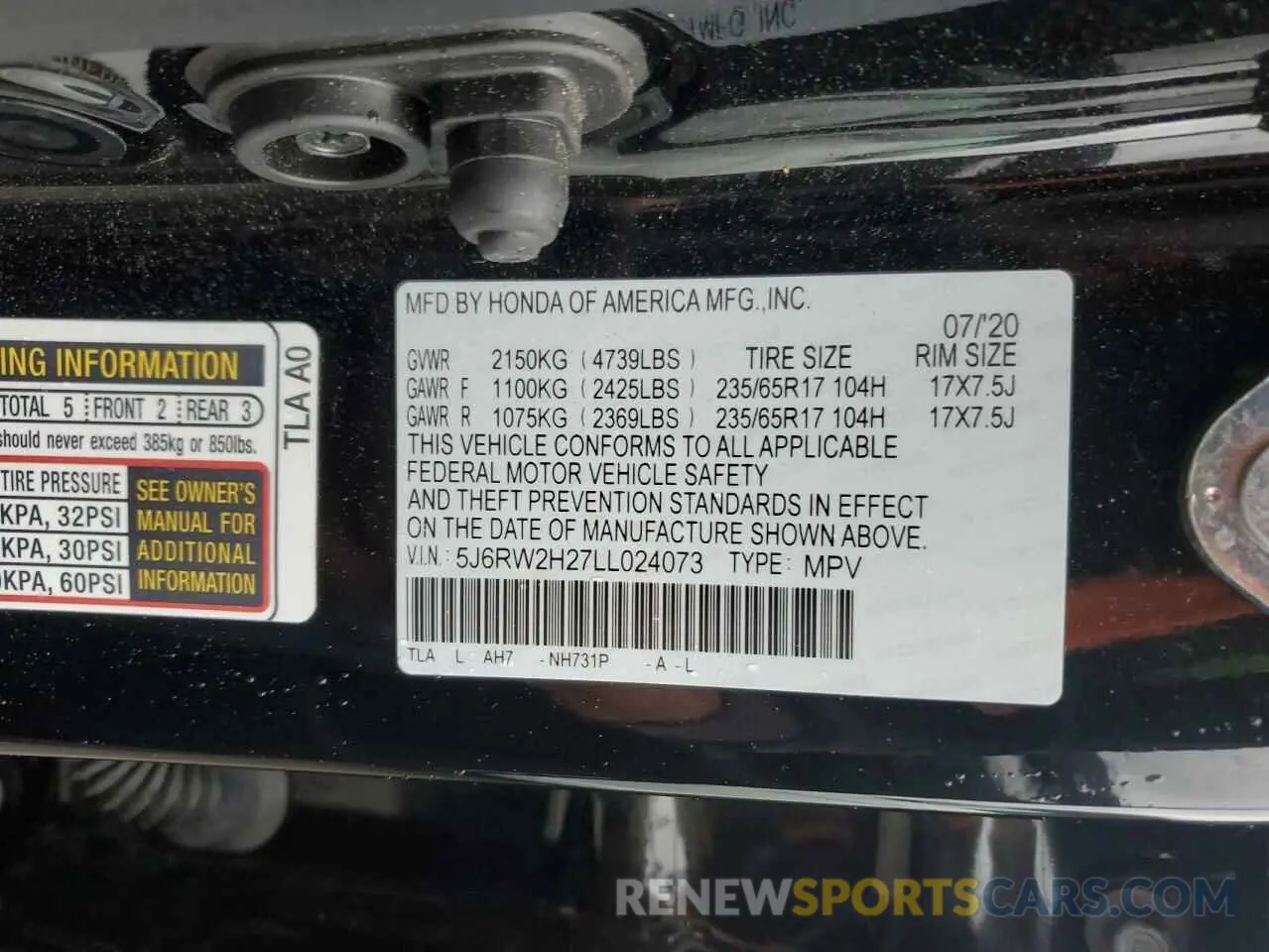 13 Photograph of a damaged car 5J6RW2H27LL024073 HONDA CRV 2020