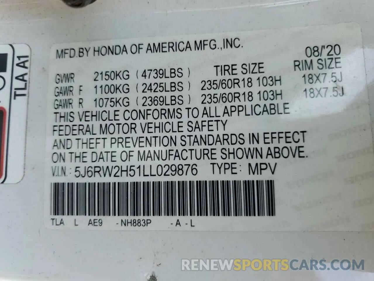 13 Photograph of a damaged car 5J6RW2H51LL029876 HONDA CRV 2020