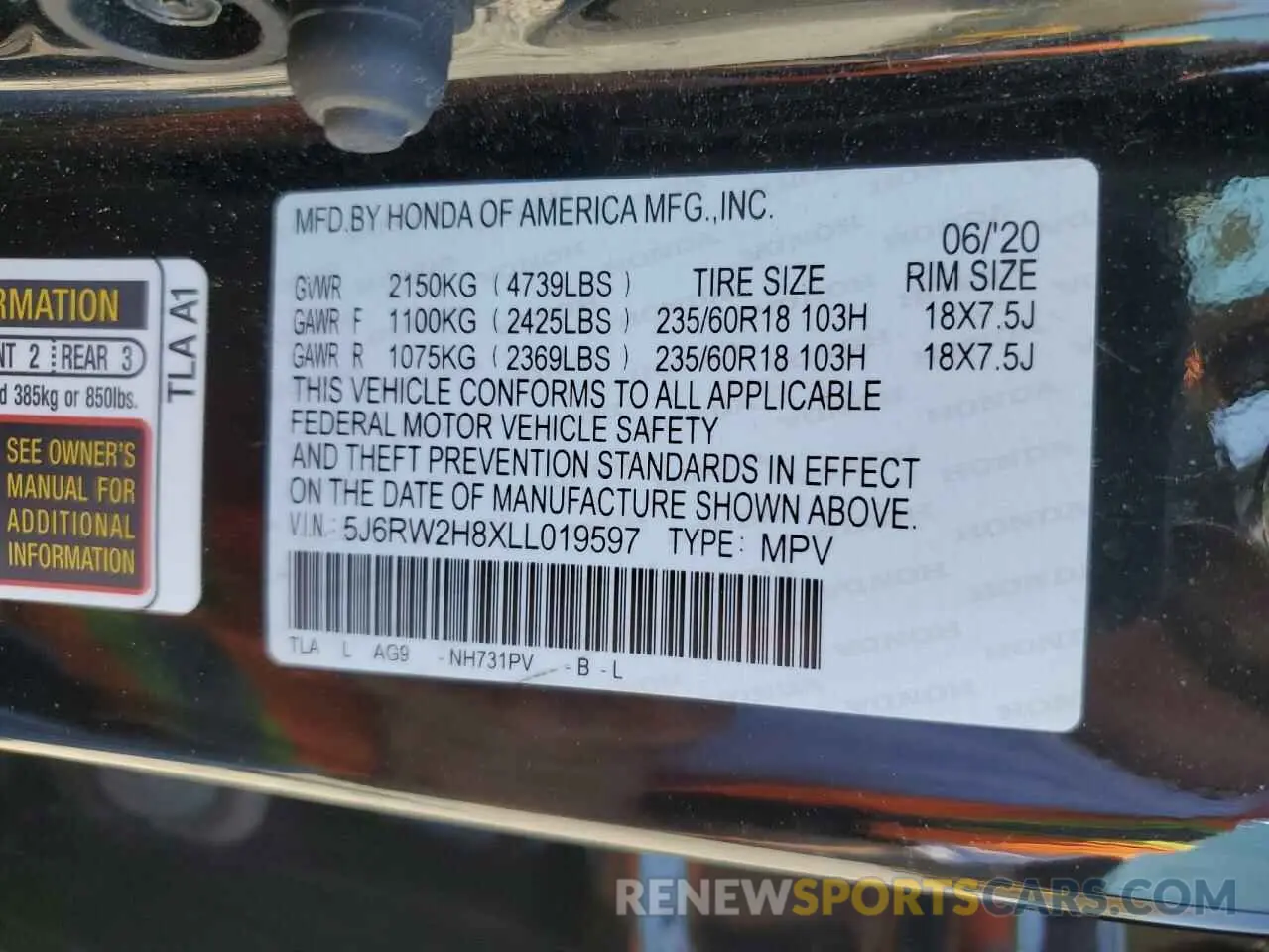13 Photograph of a damaged car 5J6RW2H8XLL019597 HONDA CRV 2020