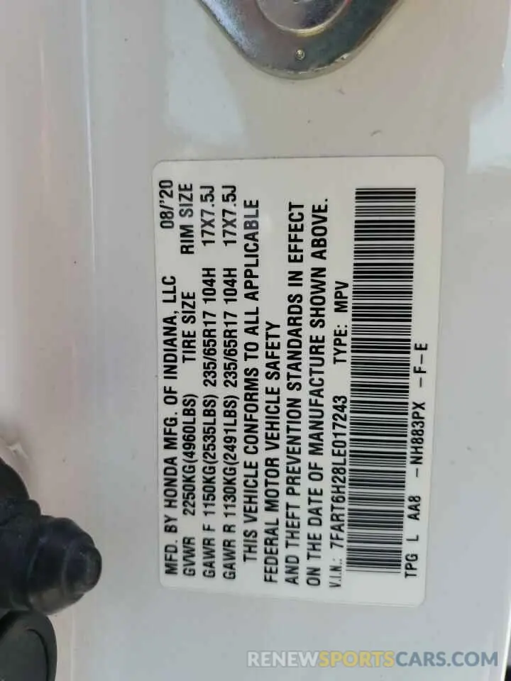 14 Photograph of a damaged car 7FART6H28LE017243 HONDA CRV 2020