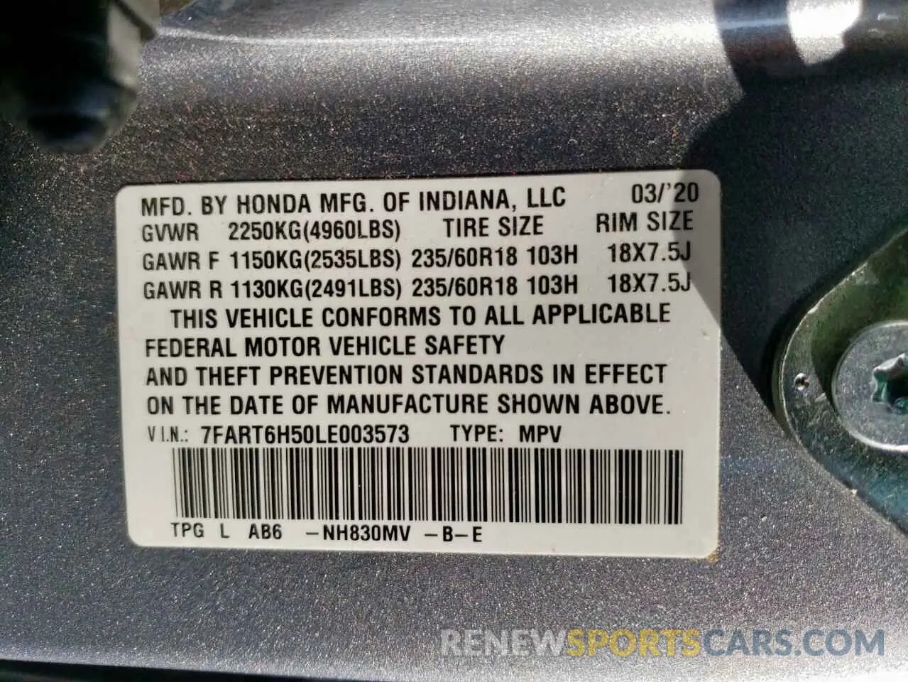 12 Photograph of a damaged car 7FART6H50LE003573 HONDA CRV 2020