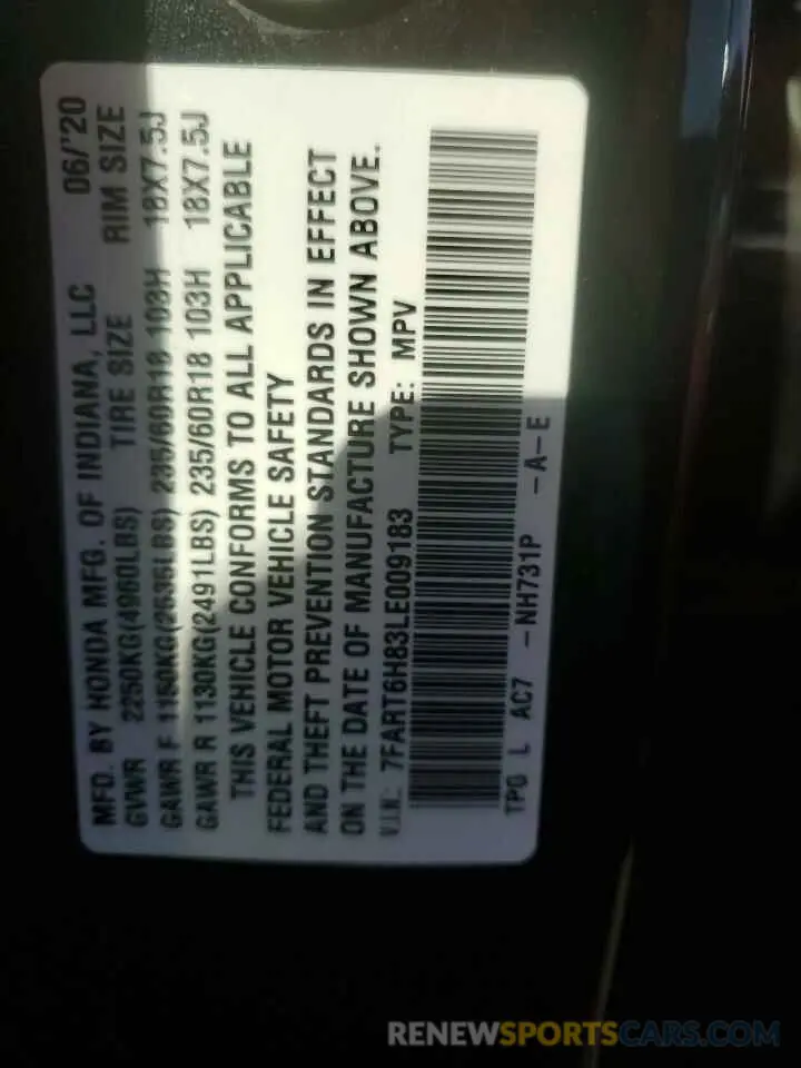 13 Photograph of a damaged car 7FART6H83LE009183 HONDA CRV 2020